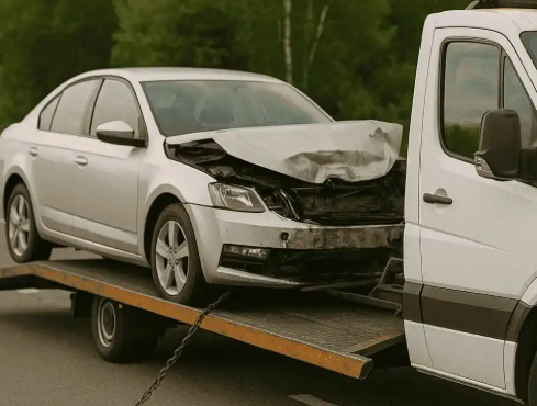 Accident-damaged car being carried on a recovery truck