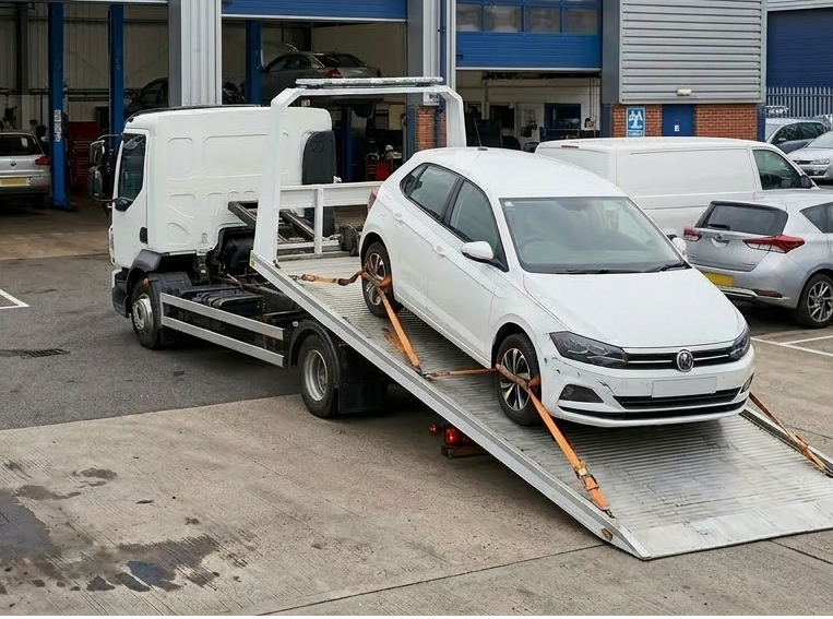 White car loaded on a recovery lorry