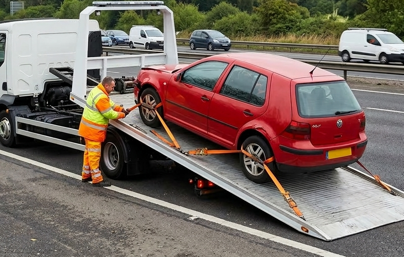 Car being winched onto a recovery lorry