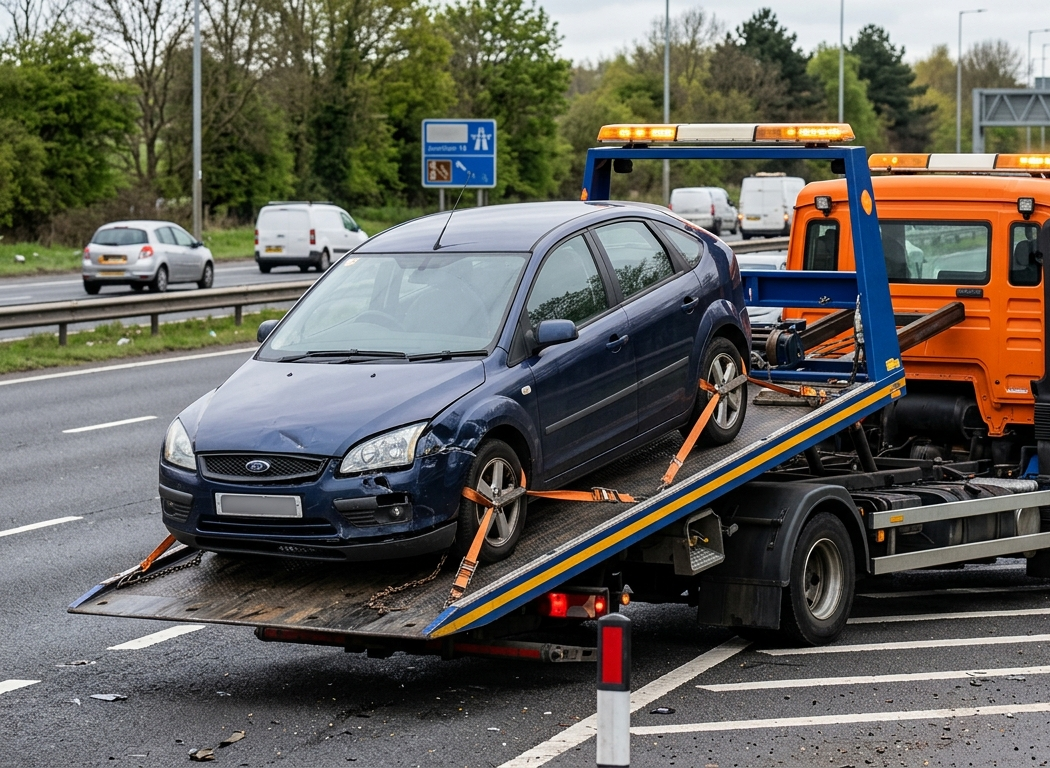 Recovery truck carrying a car on the motorway