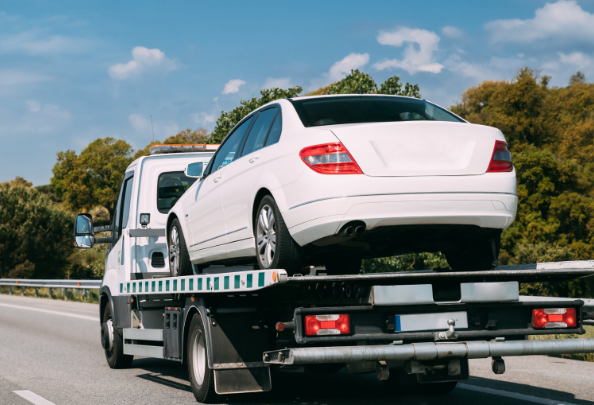 Vehicle strapped down on a recovery truck